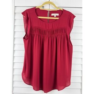 LOFT Blouse Women XL Red Smocked Flutter Sleeve Pleated Flowy Top